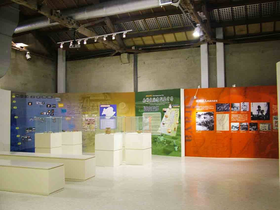 展場全景，藍黃綠橘四色主題分區與玻璃展櫃